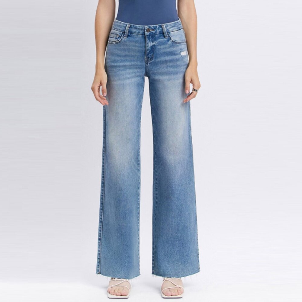 Vervet Mid Rise Medium Wash Clean Cut Raw Hem Wide Jeans